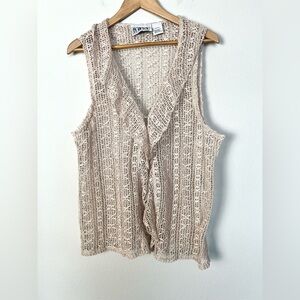 Vintage Open Knit Crotchet Sleeveless Cardigan Ivory Ruffle Festival Boho XL